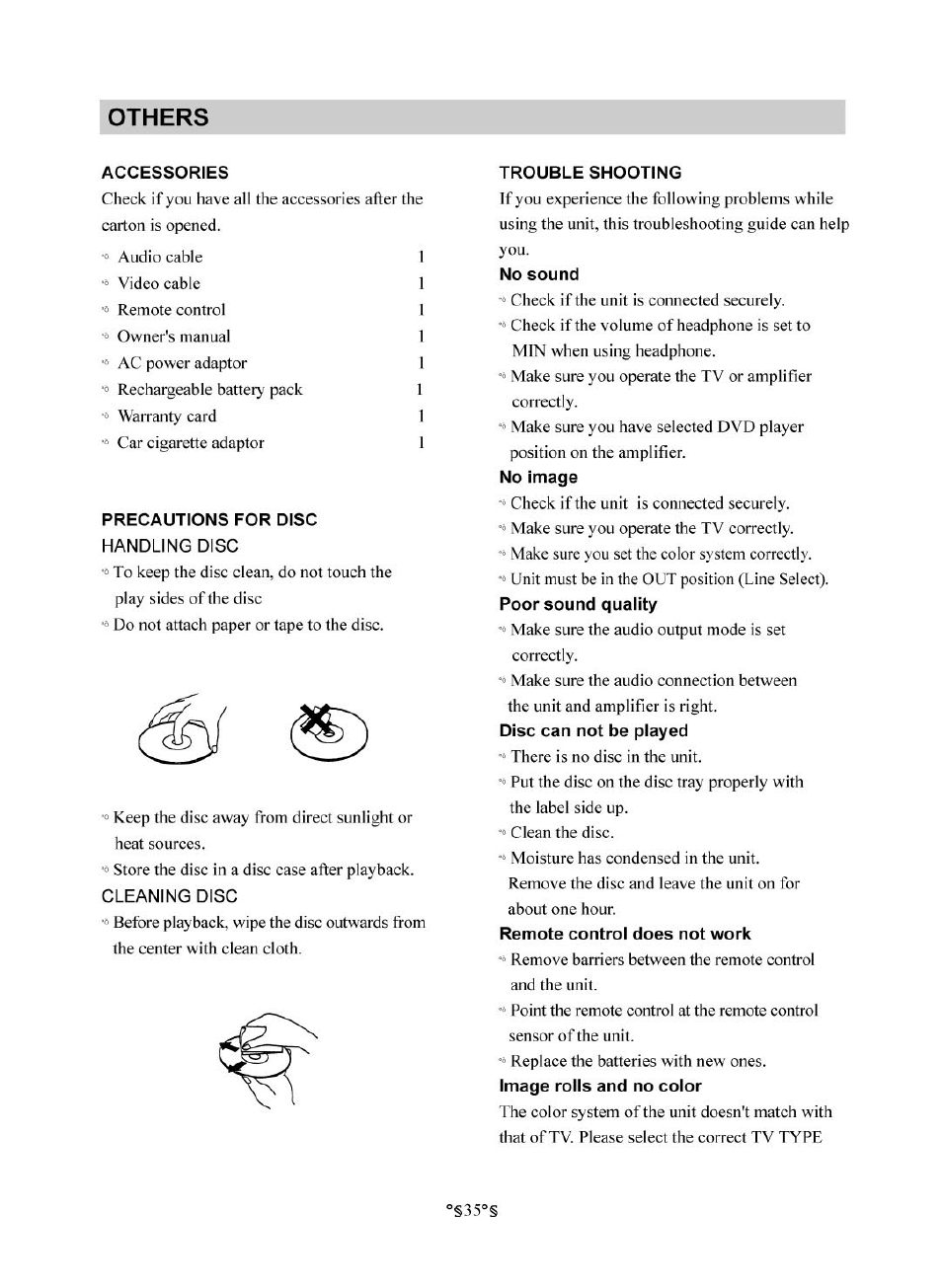 Others, Accessories, Precautions for disc | Handling disc, Trouble shooting, No sound, No image, Disc can not be played, Remote control does not work, Image rolls and no color | Audiovox D1830 User Manual | Page 36 / 39