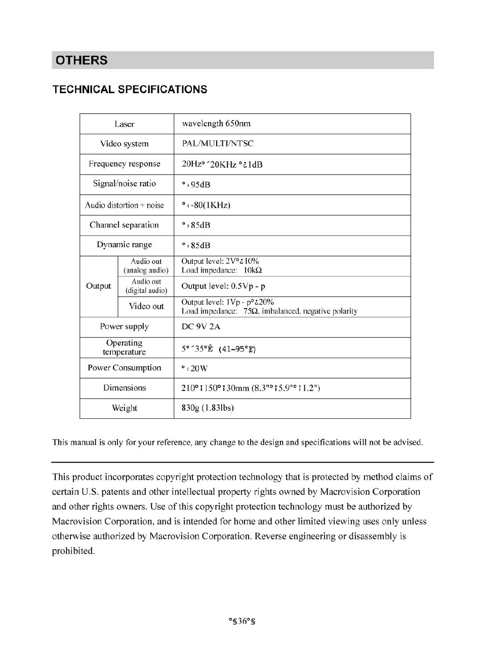 Others, Technical specifications, Tec h n ic a l spec ific a tio n s | Others technical specifications | Audiovox D1830 User Manual | Page 37 / 39