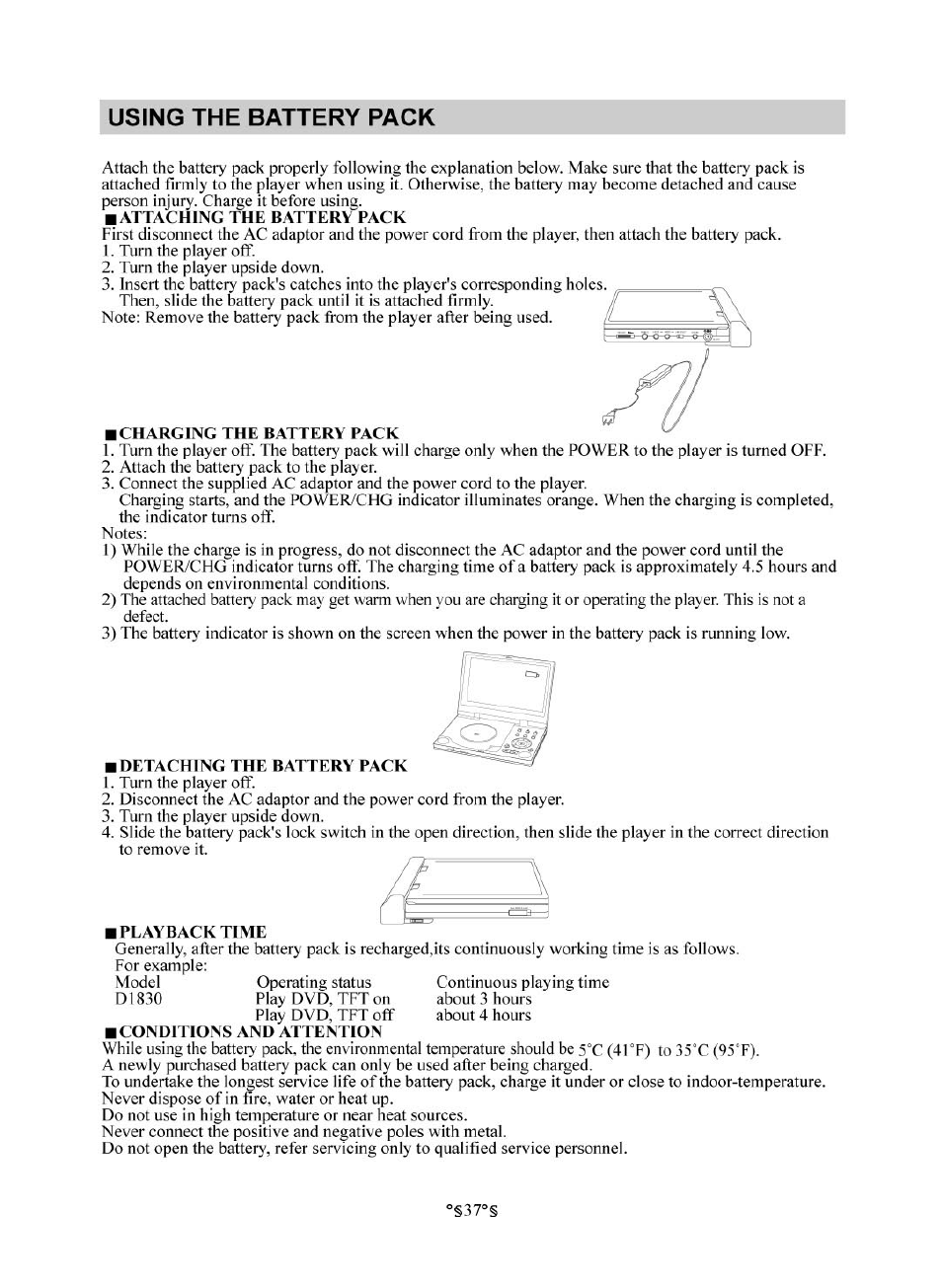 Using the battery pack, U sin g th e b a tter y pa c k | Audiovox D1830 User Manual | Page 38 / 39