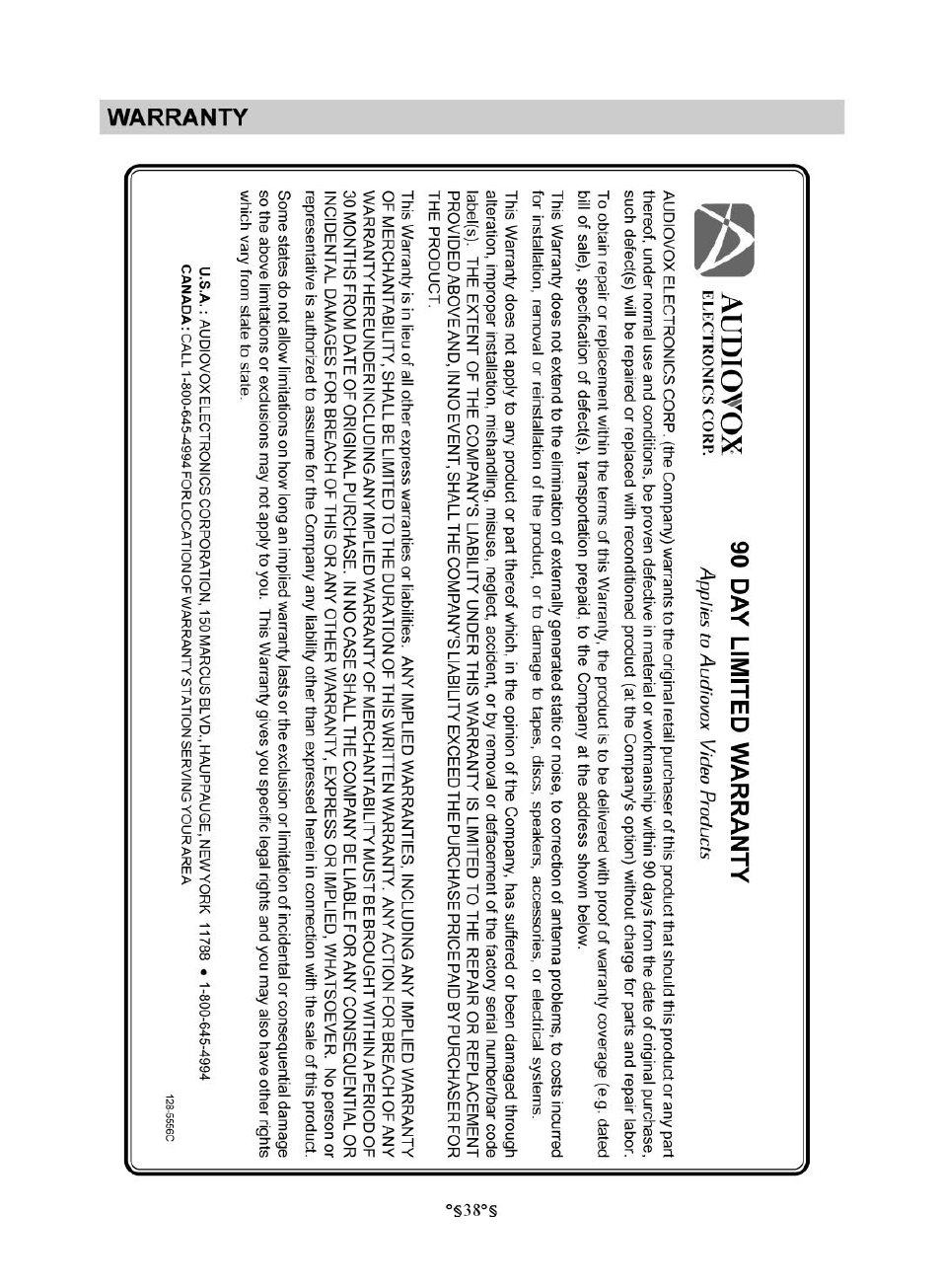 90 day limited warranty, Audiotox | Audiovox D1830 User Manual | Page 39 / 39