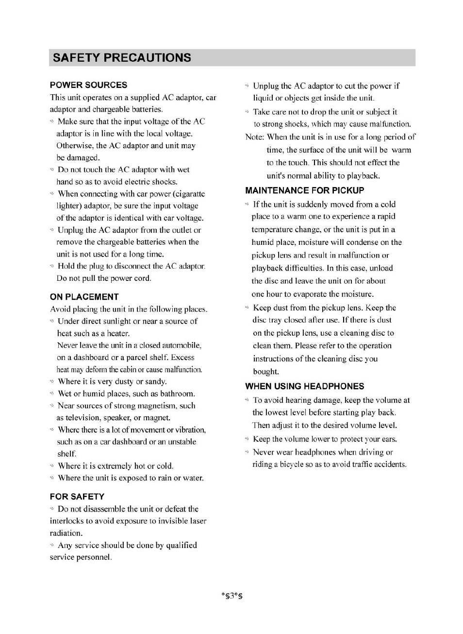 Power sources, On placement, For safety | Maintenance for pickup, When using headphones, Safety precautions | Audiovox D1830 User Manual | Page 4 / 39