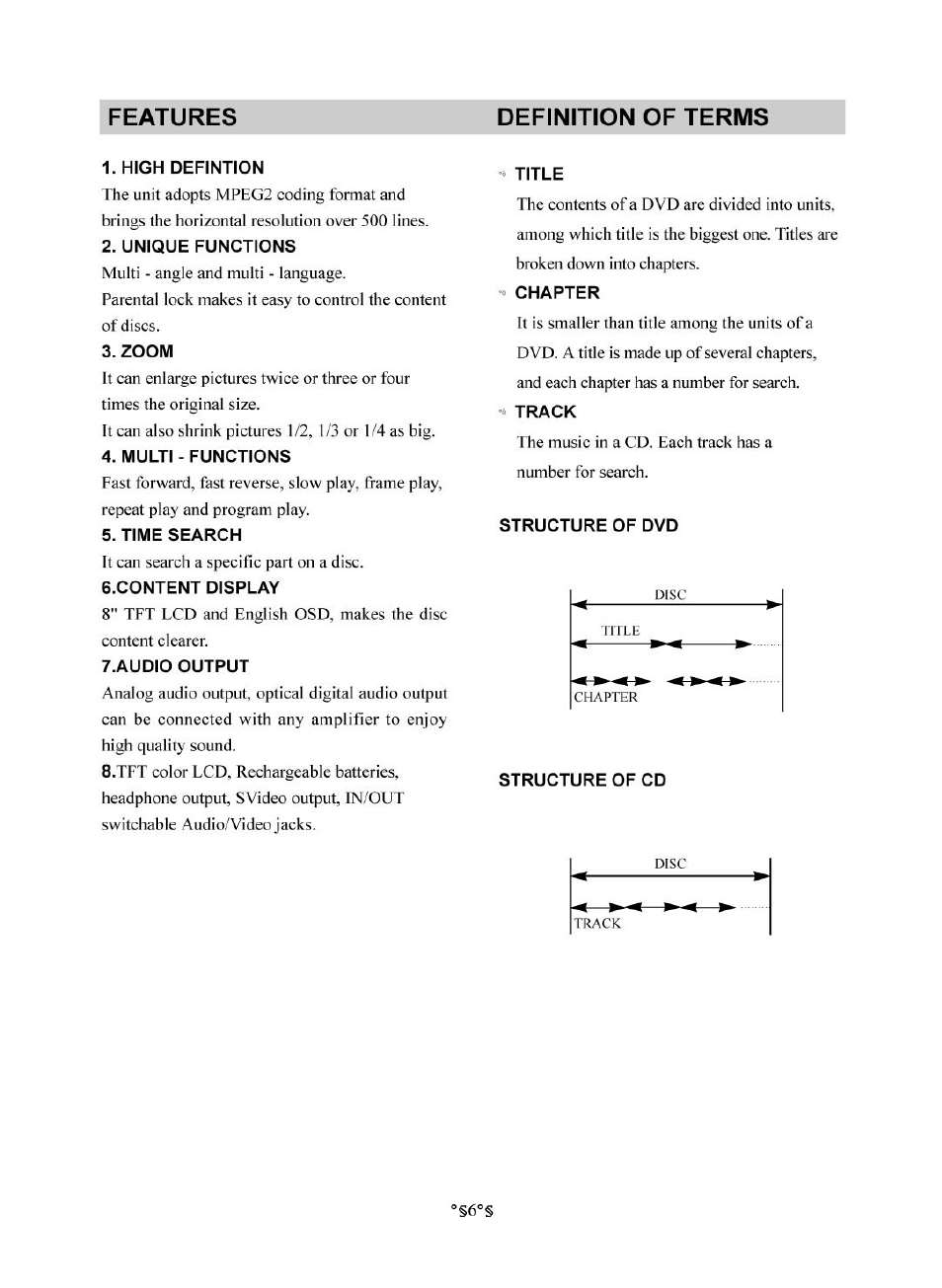 Definition of terms, High defintion, Zoom | Multi - functions, Time search, Content display, Audio output, Title, Chapter, Structure of dvd | Audiovox D1830 User Manual | Page 7 / 39