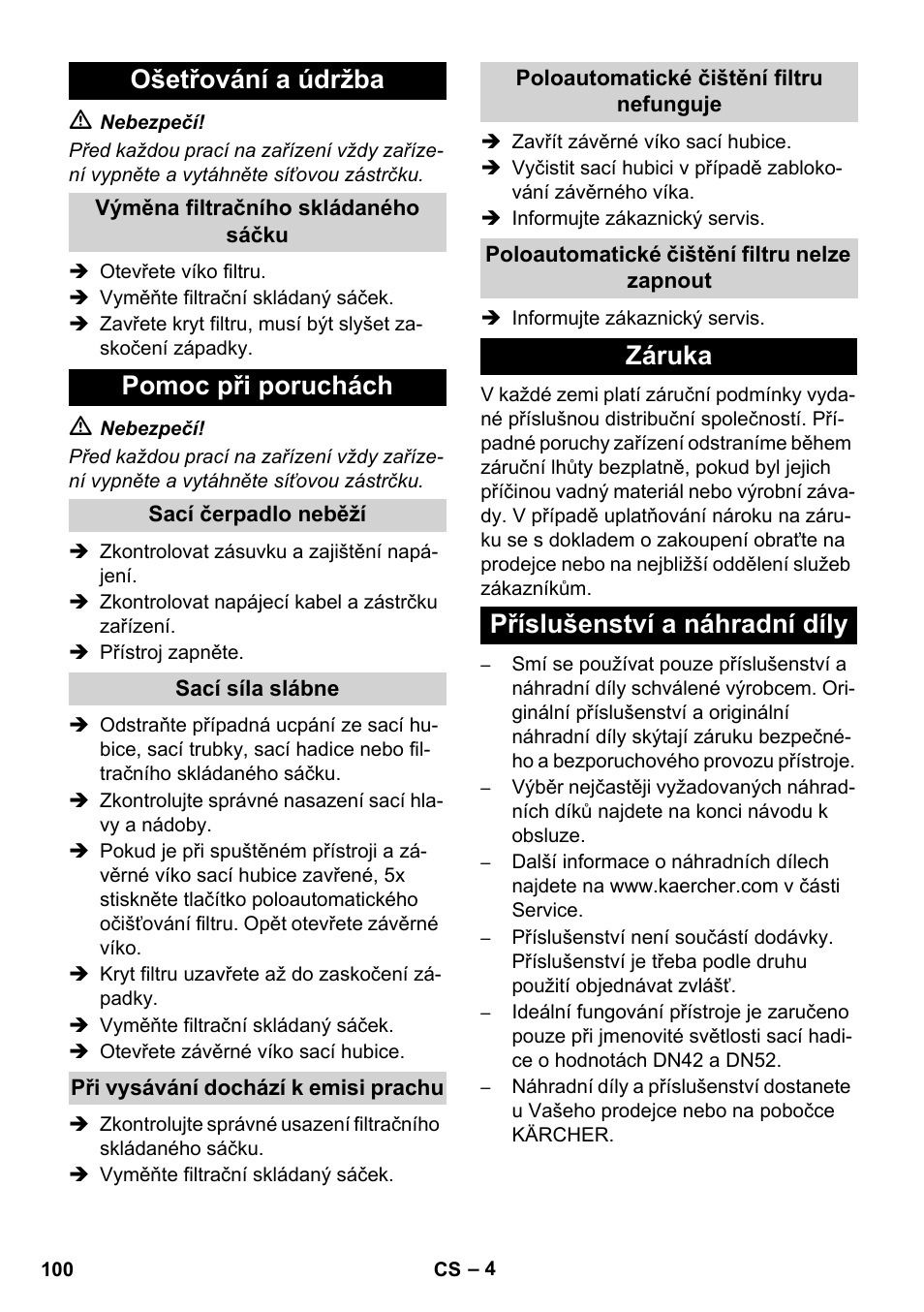 Ošetřování a údržba, Pomoc při poruchách, Záruka příslušenství a náhradní díly | Karcher IVC 60-24-2 Ap User Manual | Page 100 / 172