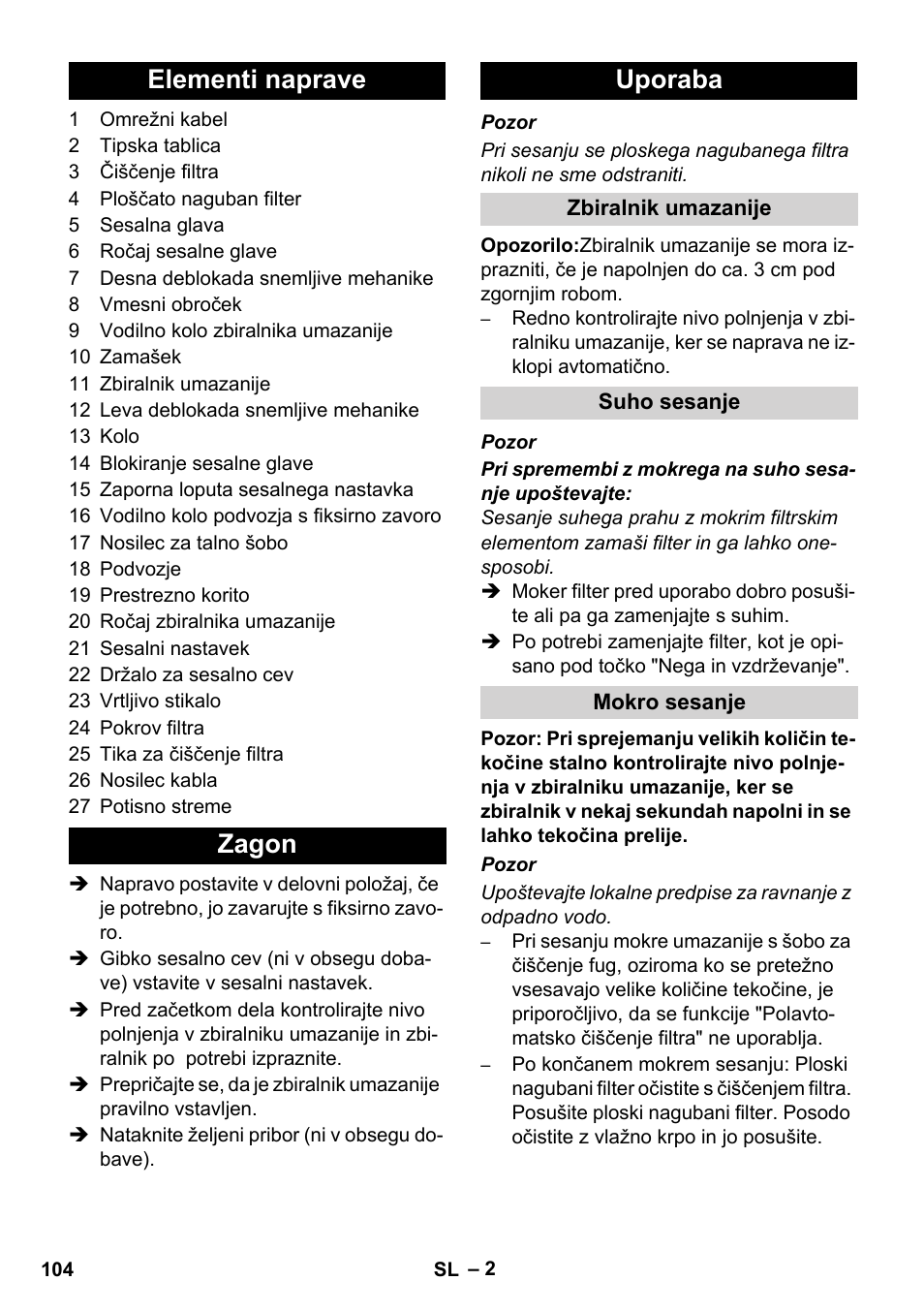 Elementi naprave zagon uporaba | Karcher IVC 60-24-2 Ap User Manual | Page 104 / 172