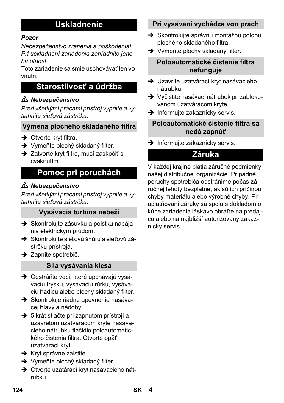 Uskladnenie starostlivosť a údržba, Pomoc pri poruchách, Záruka | Karcher IVC 60-24-2 Ap User Manual | Page 124 / 172