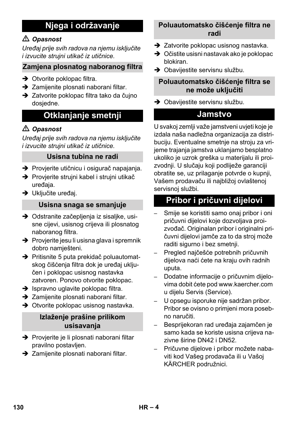 Njega i održavanje, Otklanjanje smetnji, Jamstvo pribor i pričuvni dijelovi | Karcher IVC 60-24-2 Ap User Manual | Page 130 / 172