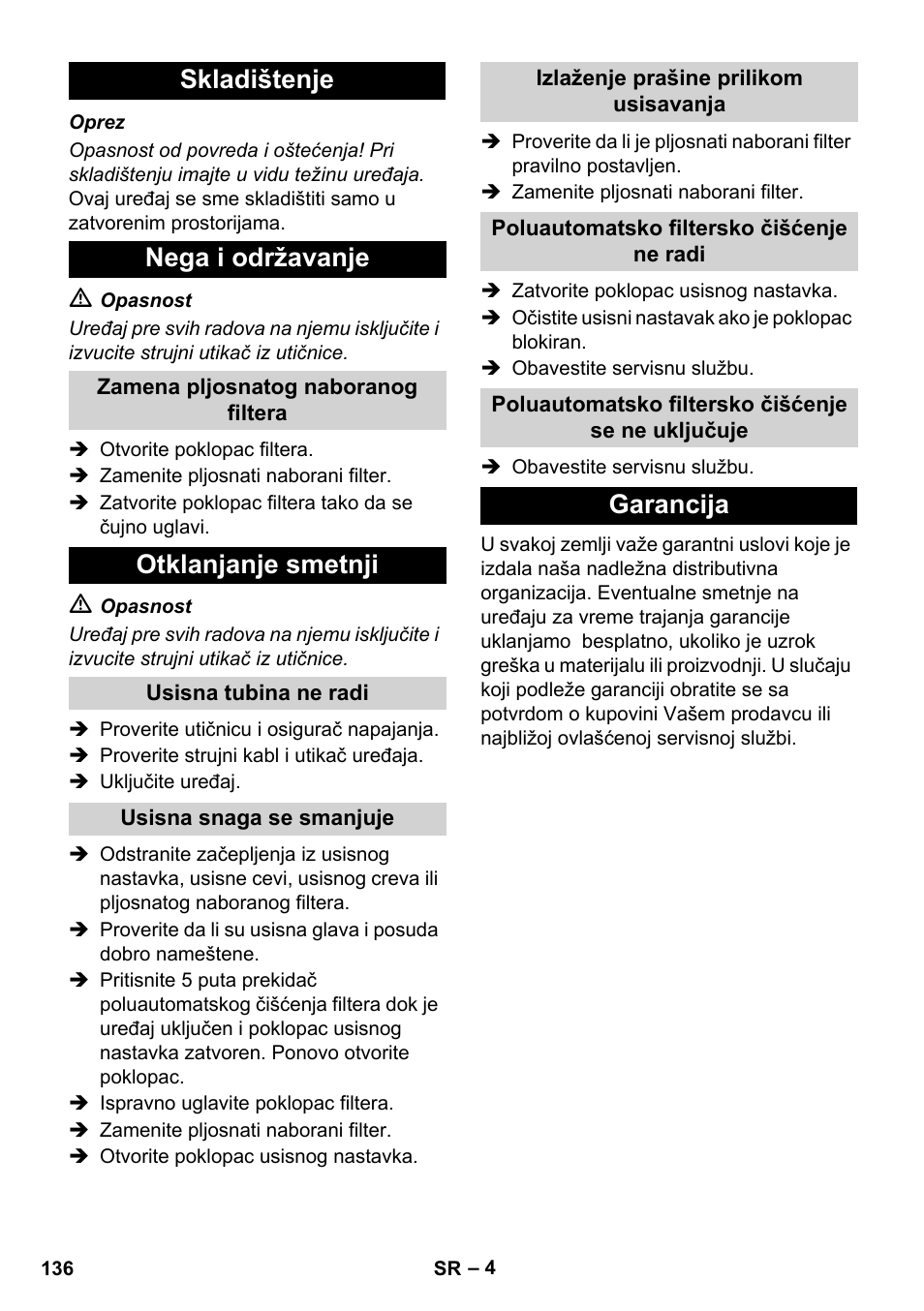 Skladištenje nega i održavanje, Otklanjanje smetnji, Garancija | Karcher IVC 60-24-2 Ap User Manual | Page 136 / 172