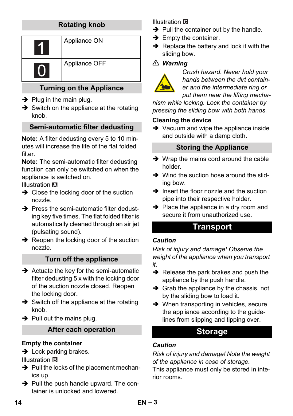 Transport storage | Karcher IVC 60-24-2 Ap User Manual | Page 14 / 172