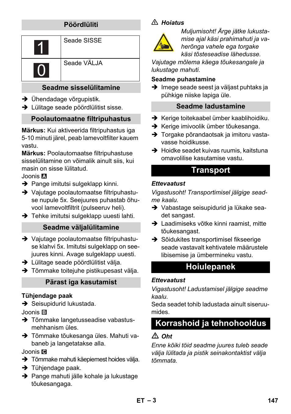 Transport hoiulepanek korrashoid ja tehnohooldus | Karcher IVC 60-24-2 Ap User Manual | Page 147 / 172