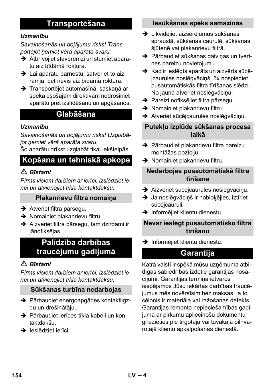 Palīdzība darbības traucējumu gadījumā, Garantija | Karcher IVC 60-24-2 Ap User Manual | Page 154 / 172