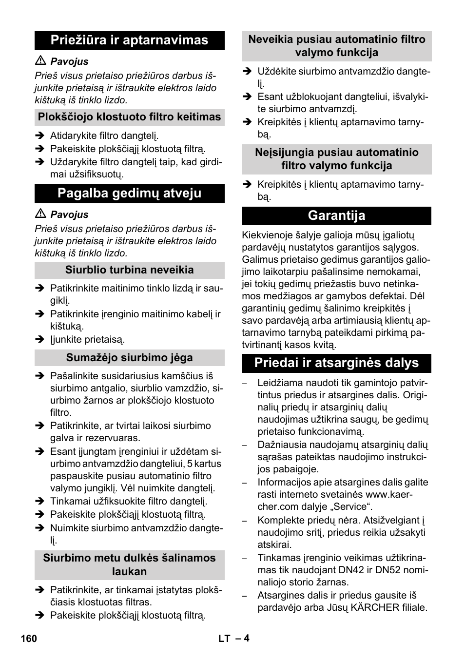 Priežiūra ir aptarnavimas, Pagalba gedimų atveju, Garantija priedai ir atsarginės dalys | Karcher IVC 60-24-2 Ap User Manual | Page 160 / 172