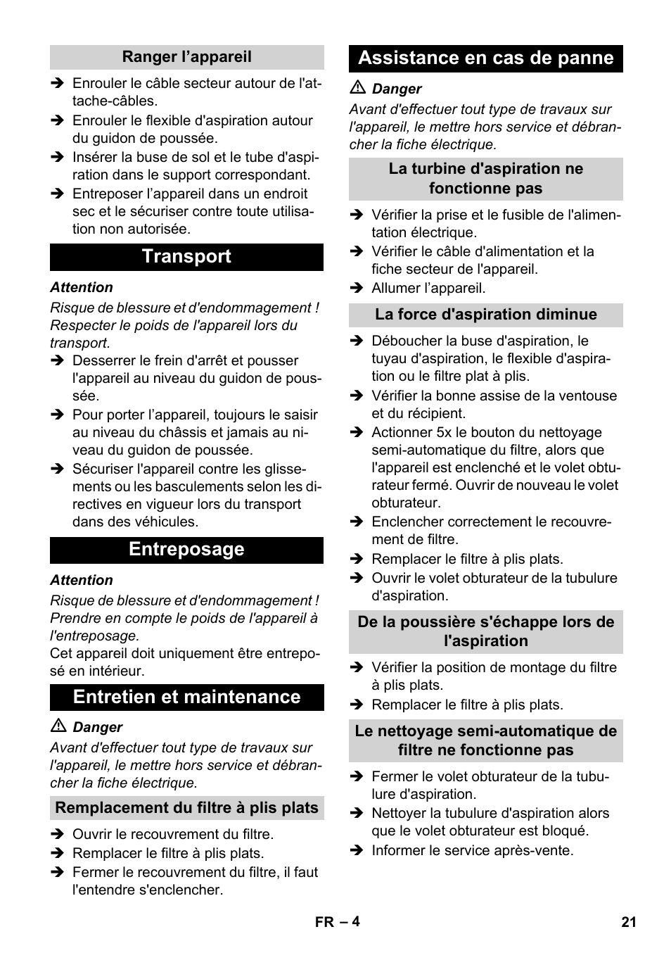 Transport entreposage entretien et maintenance, Assistance en cas de panne | Karcher IVC 60-24-2 Ap User Manual | Page 21 / 172