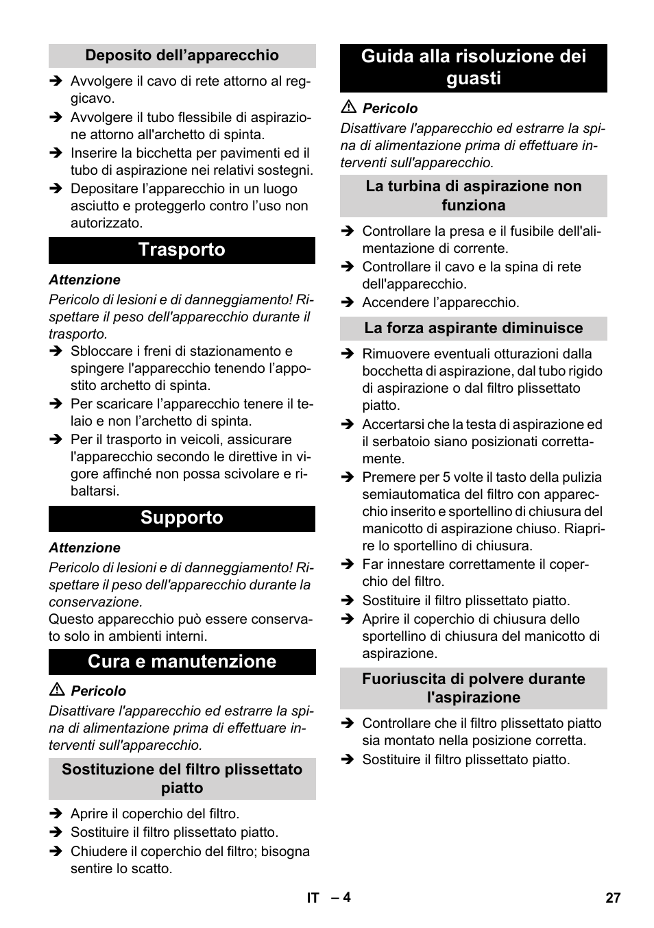 Trasporto supporto cura e manutenzione, Guida alla risoluzione dei guasti | Karcher IVC 60-24-2 Ap User Manual | Page 27 / 172