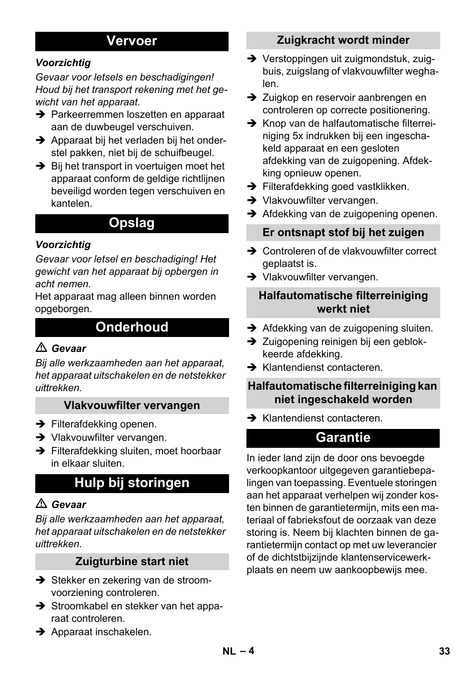 Vervoer opslag onderhoud, Hulp bij storingen, Garantie | Karcher IVC 60-24-2 Ap User Manual | Page 33 / 172