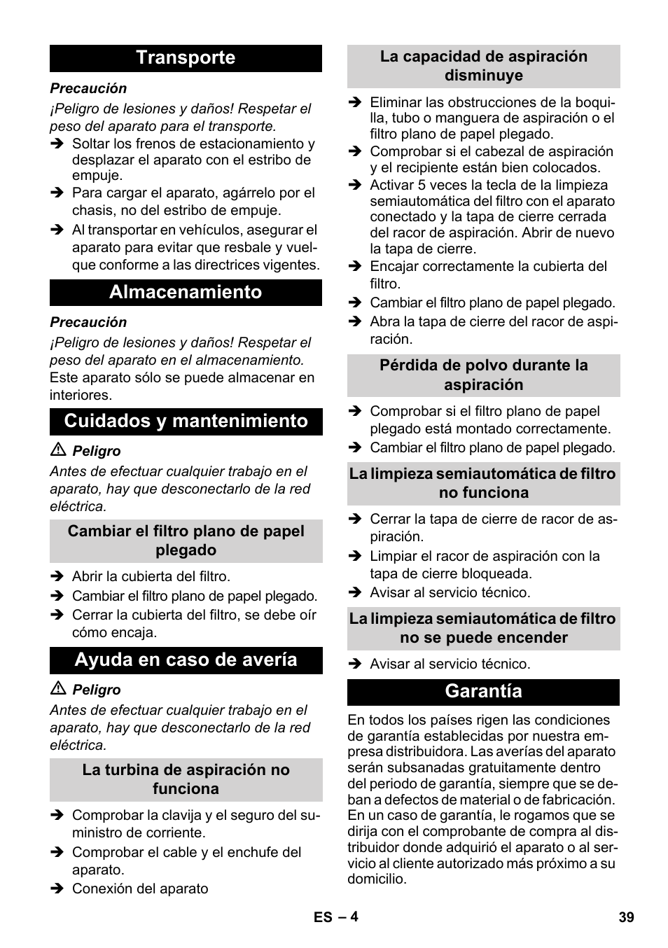 Transporte almacenamiento cuidados y mantenimiento, Ayuda en caso de avería, Garantía | Karcher IVC 60-24-2 Ap User Manual | Page 39 / 172