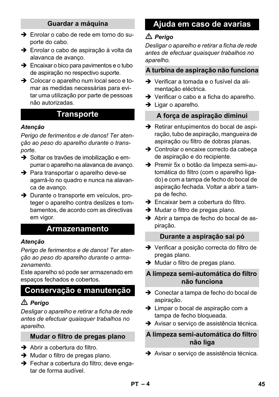 Transporte armazenamento conservação e manutenção, Ajuda em caso de avarias | Karcher IVC 60-24-2 Ap User Manual | Page 45 / 172