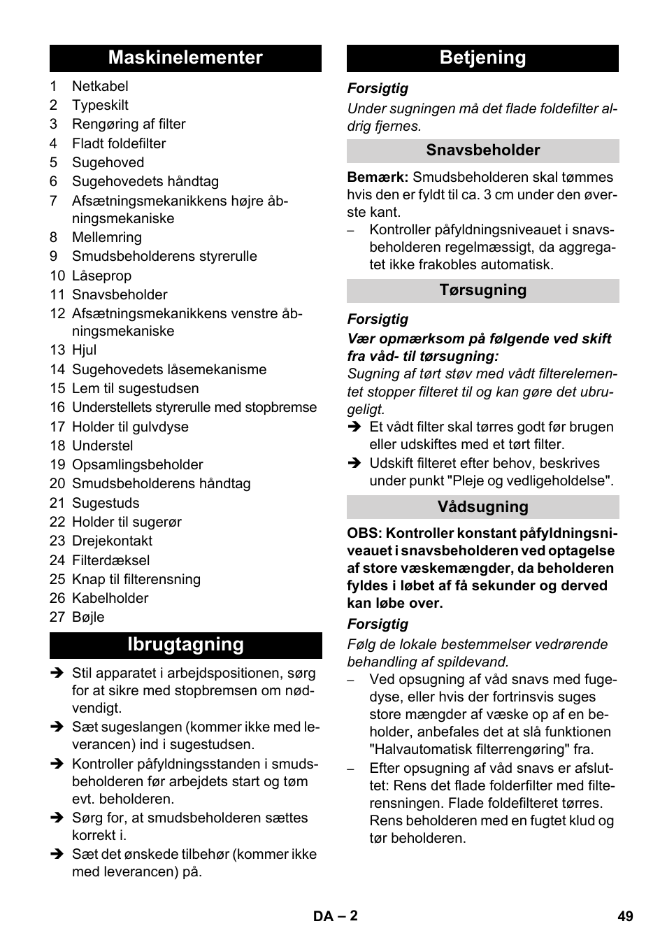 Maskinelementer ibrugtagning betjening | Karcher IVC 60-24-2 Ap User Manual | Page 49 / 172