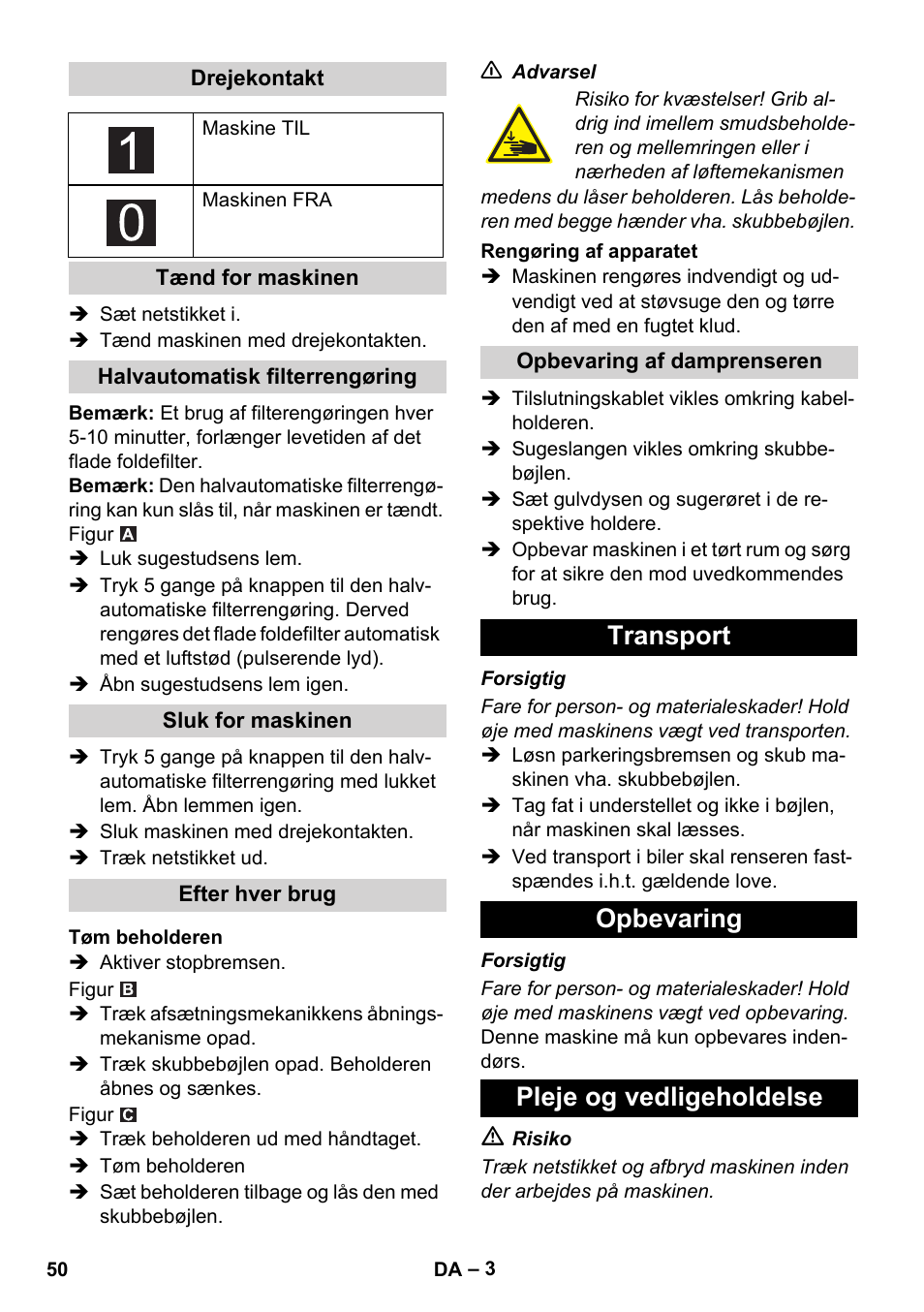 Transport opbevaring pleje og vedligeholdelse | Karcher IVC 60-24-2 Ap User Manual | Page 50 / 172