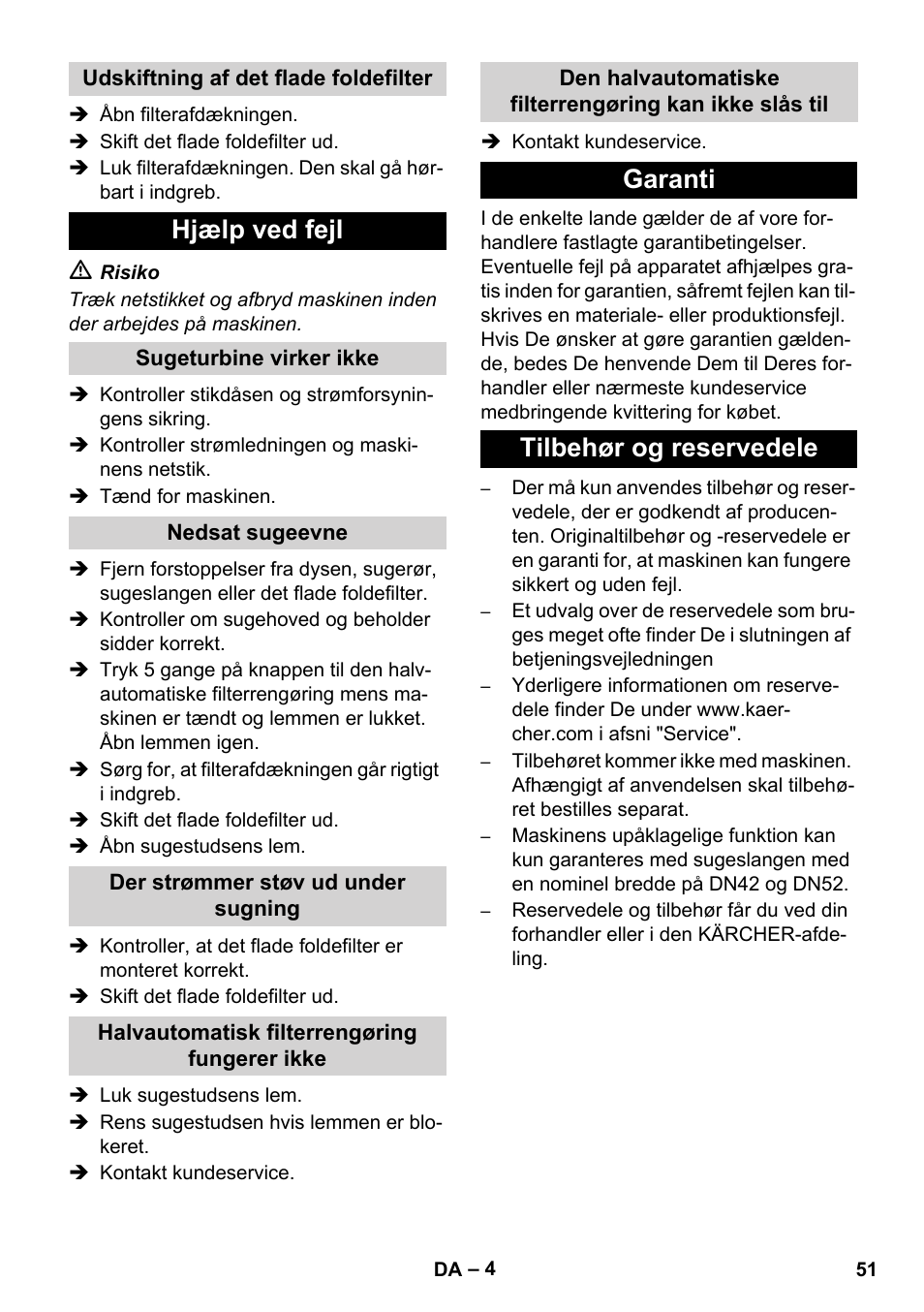 Hjælp ved fejl, Garanti tilbehør og reservedele | Karcher IVC 60-24-2 Ap User Manual | Page 51 / 172