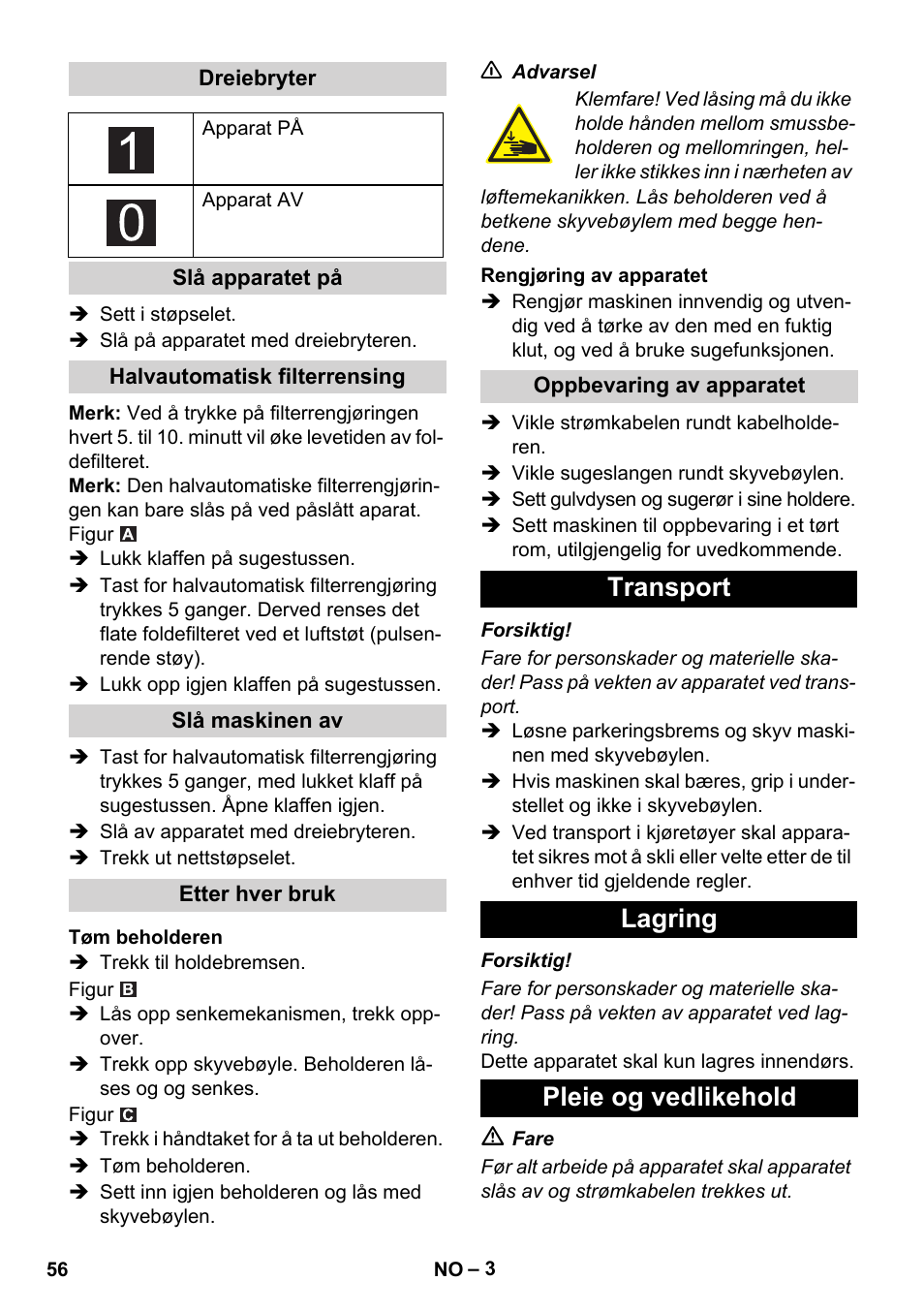 Transport lagring pleie og vedlikehold | Karcher IVC 60-24-2 Ap User Manual | Page 56 / 172