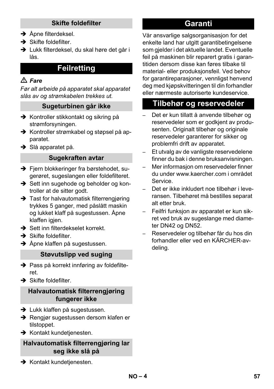 Feilretting, Garanti tilbehør og reservedeler | Karcher IVC 60-24-2 Ap User Manual | Page 57 / 172