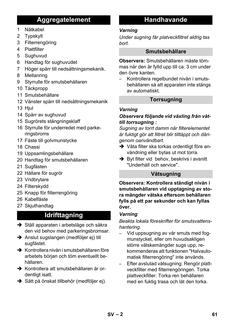 Aggregatelement idrifttagning handhavande | Karcher IVC 60-24-2 Ap User Manual | Page 61 / 172
