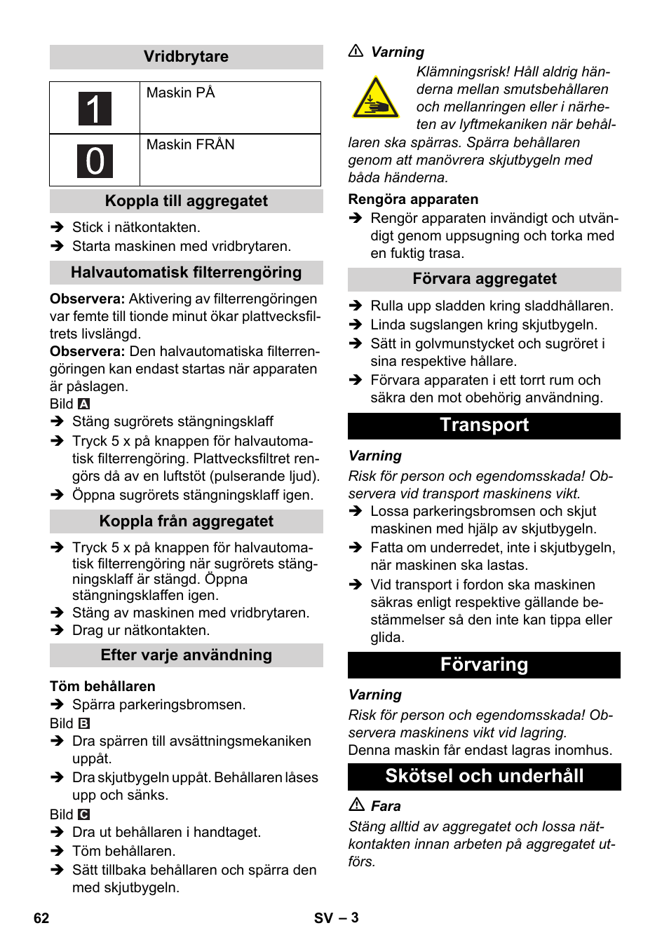 Transport förvaring skötsel och underhåll | Karcher IVC 60-24-2 Ap User Manual | Page 62 / 172