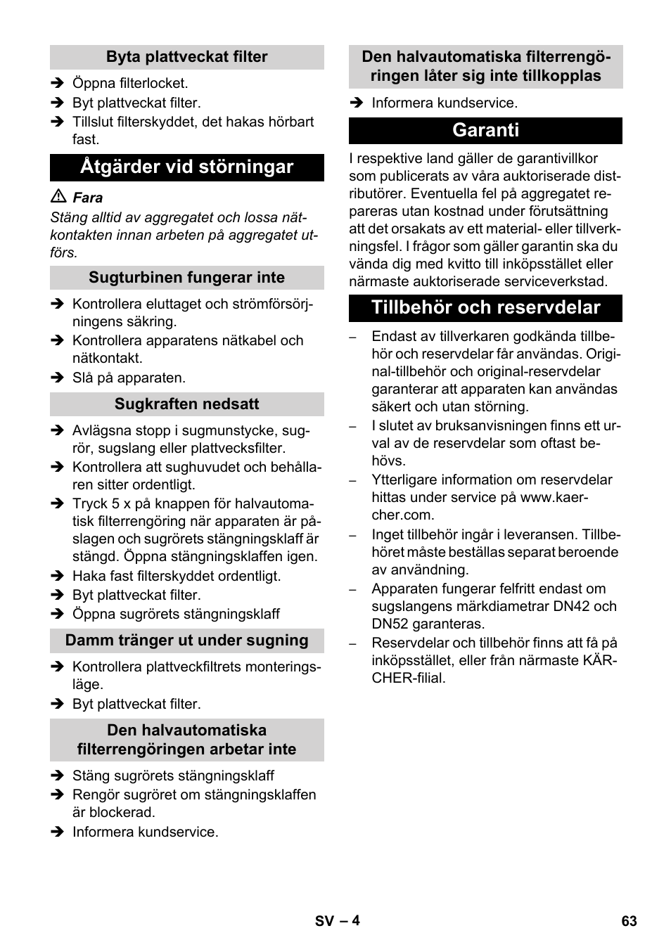 Åtgärder vid störningar, Garanti tillbehör och reservdelar | Karcher IVC 60-24-2 Ap User Manual | Page 63 / 172