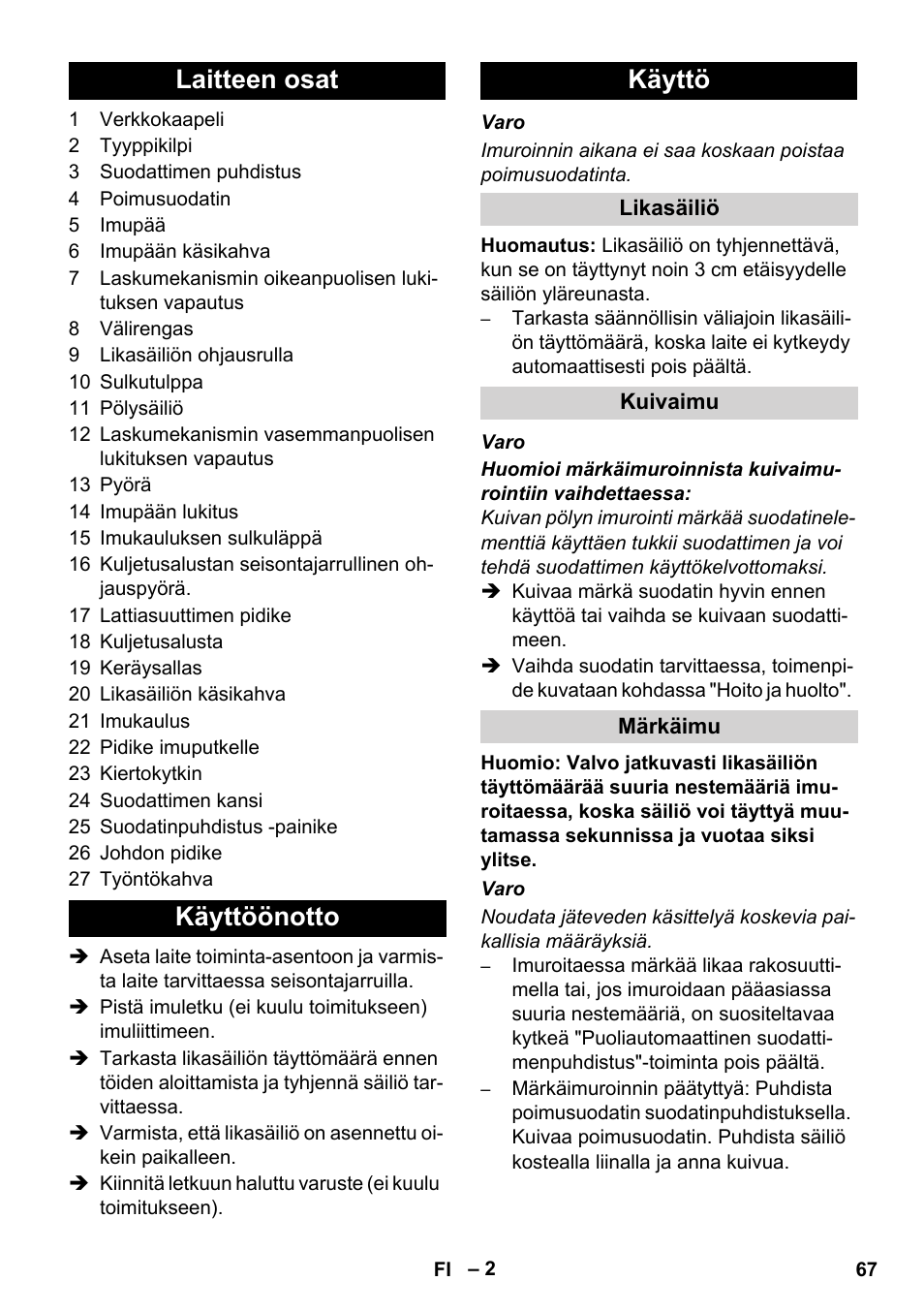 Laitteen osat käyttöönotto käyttö | Karcher IVC 60-24-2 Ap User Manual | Page 67 / 172