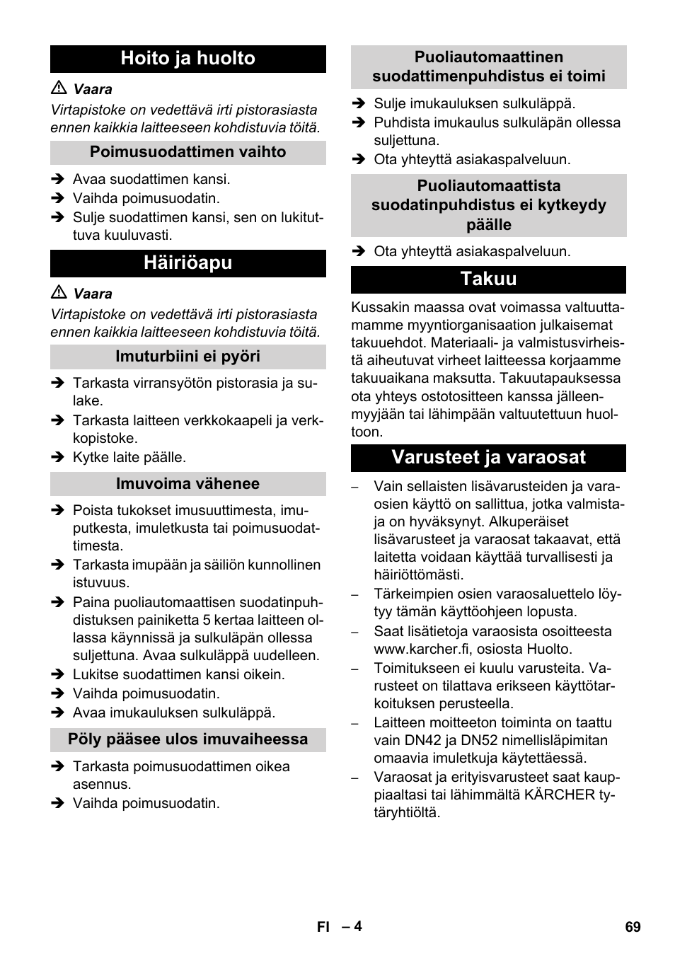 Hoito ja huolto, Häiriöapu, Takuu varusteet ja varaosat | Karcher IVC 60-24-2 Ap User Manual | Page 69 / 172