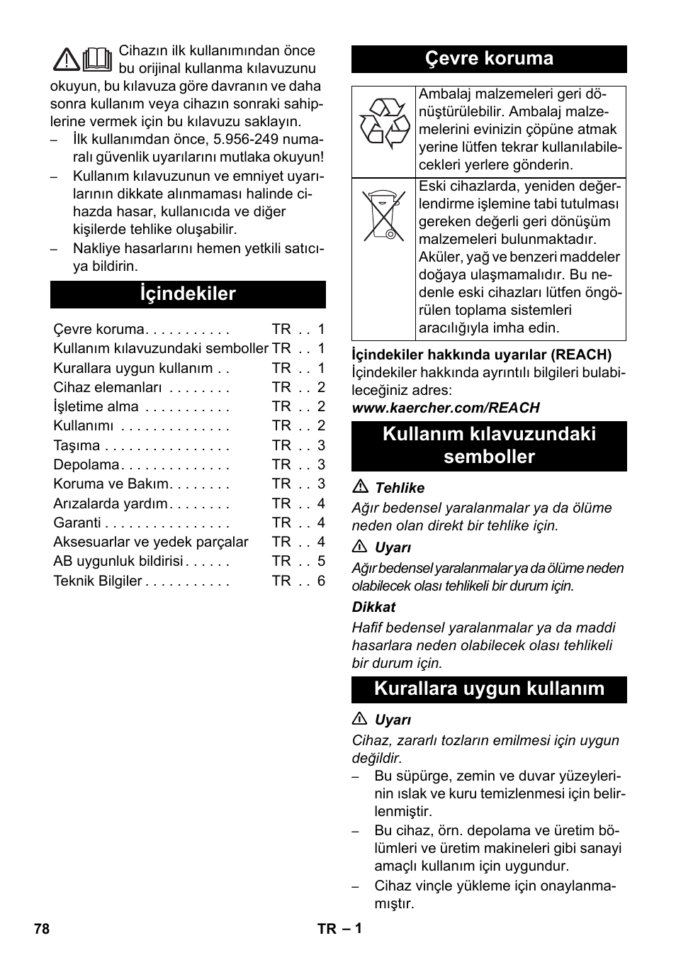 Türkçe, Içindekiler, Çevre koruma | Karcher IVC 60-24-2 Ap User Manual | Page 78 / 172