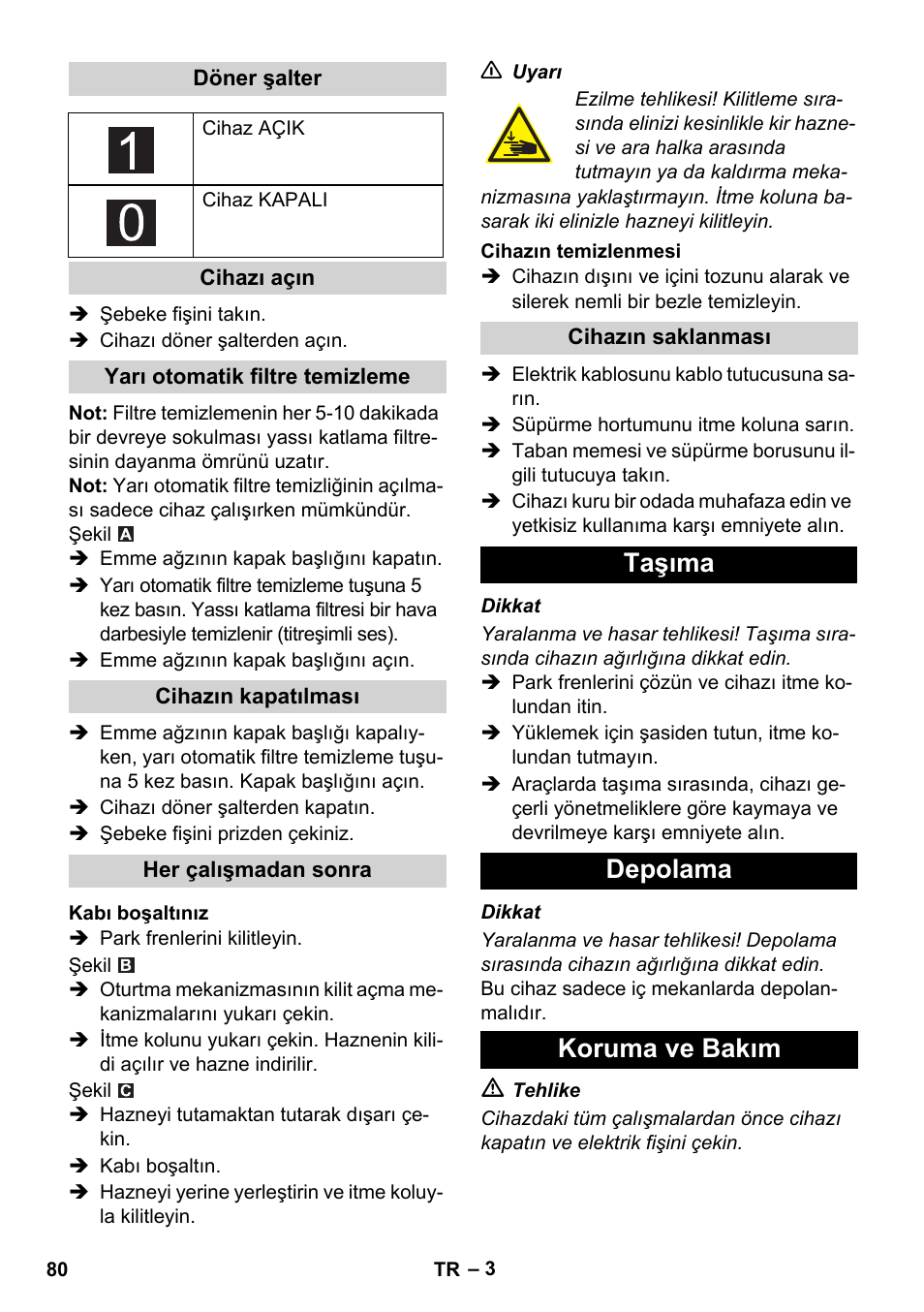Taşıma depolama koruma ve bakım | Karcher IVC 60-24-2 Ap User Manual | Page 80 / 172