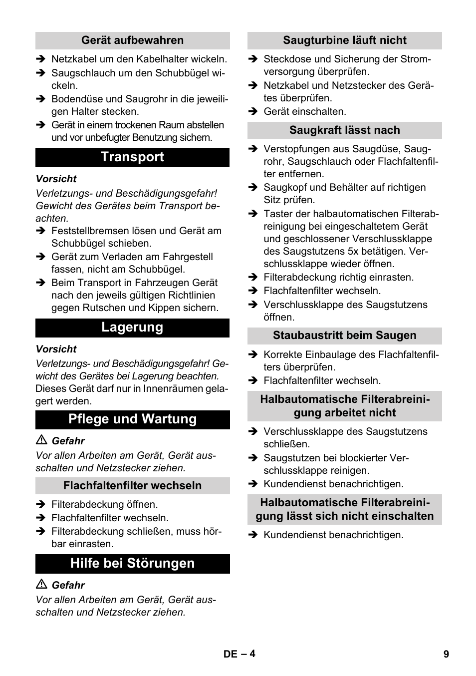 Transport lagerung pflege und wartung, Hilfe bei störungen | Karcher IVC 60-24-2 Ap User Manual | Page 9 / 172