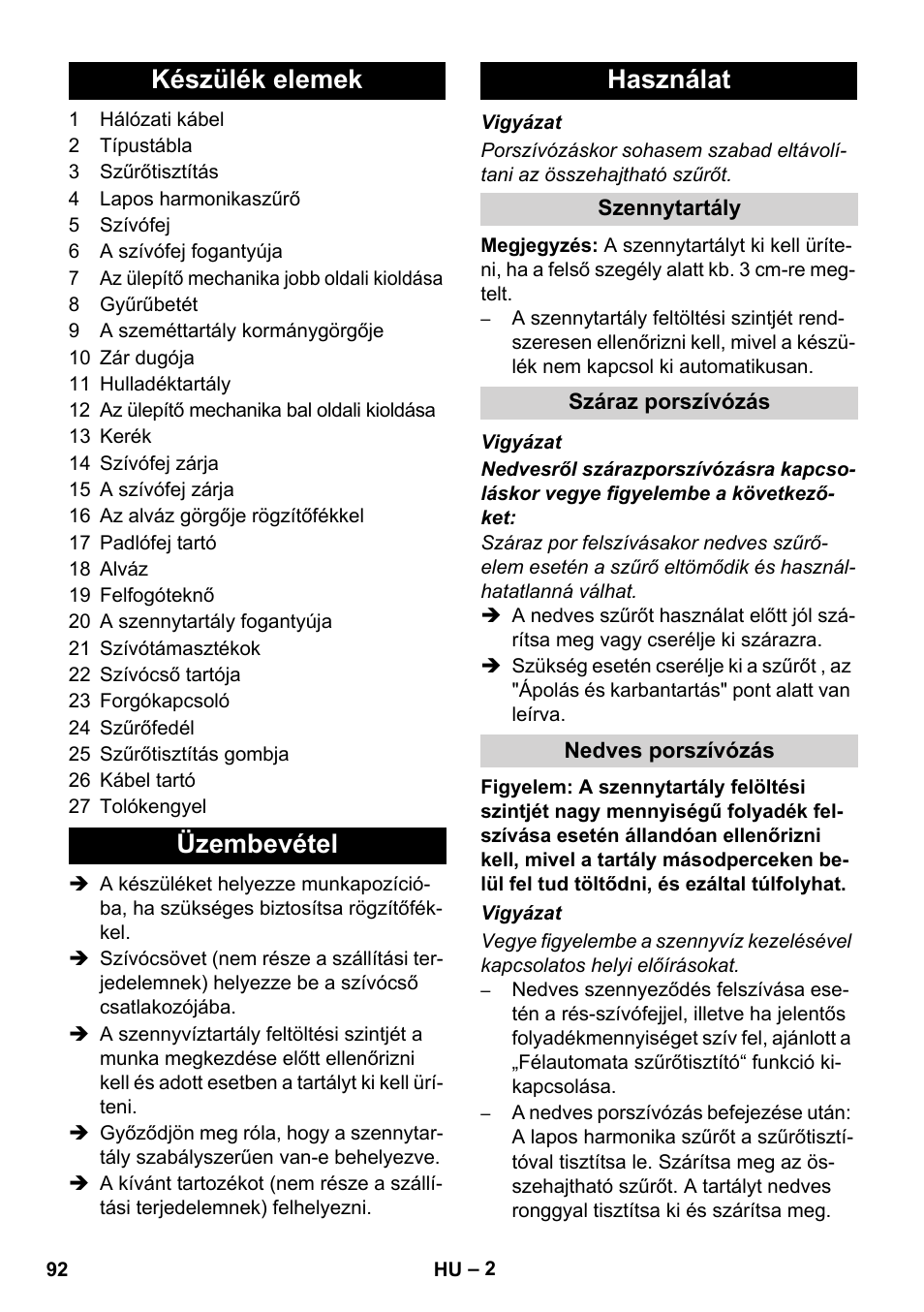 Készülék elemek üzembevétel használat | Karcher IVC 60-24-2 Ap User Manual | Page 92 / 172