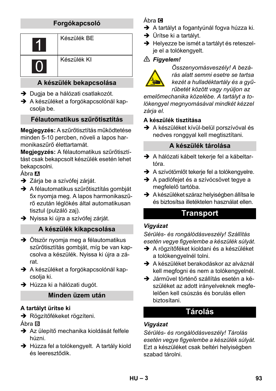 Transport tárolás | Karcher IVC 60-24-2 Ap User Manual | Page 93 / 172