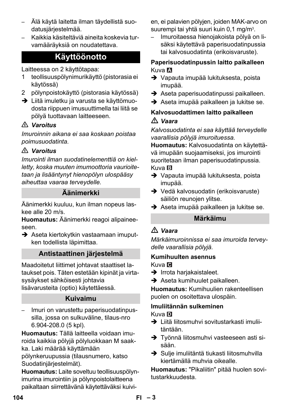 Käyttöönotto | Karcher NT 55-1 Tact Te M User Manual | Page 104 / 272
