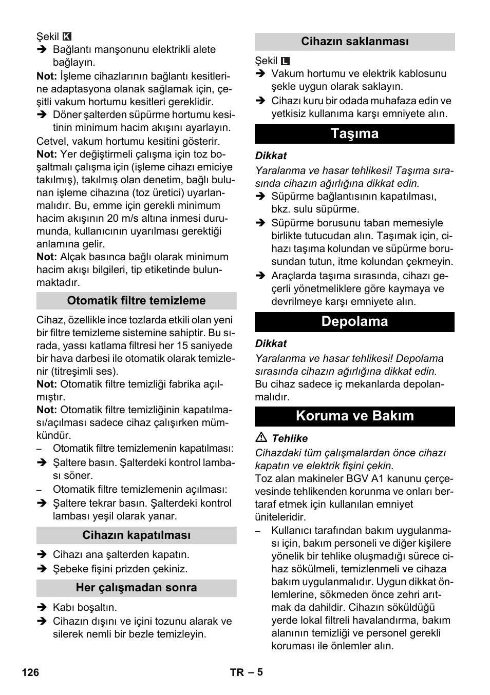 Taşıma depolama koruma ve bakım | Karcher NT 55-1 Tact Te M User Manual | Page 126 / 272