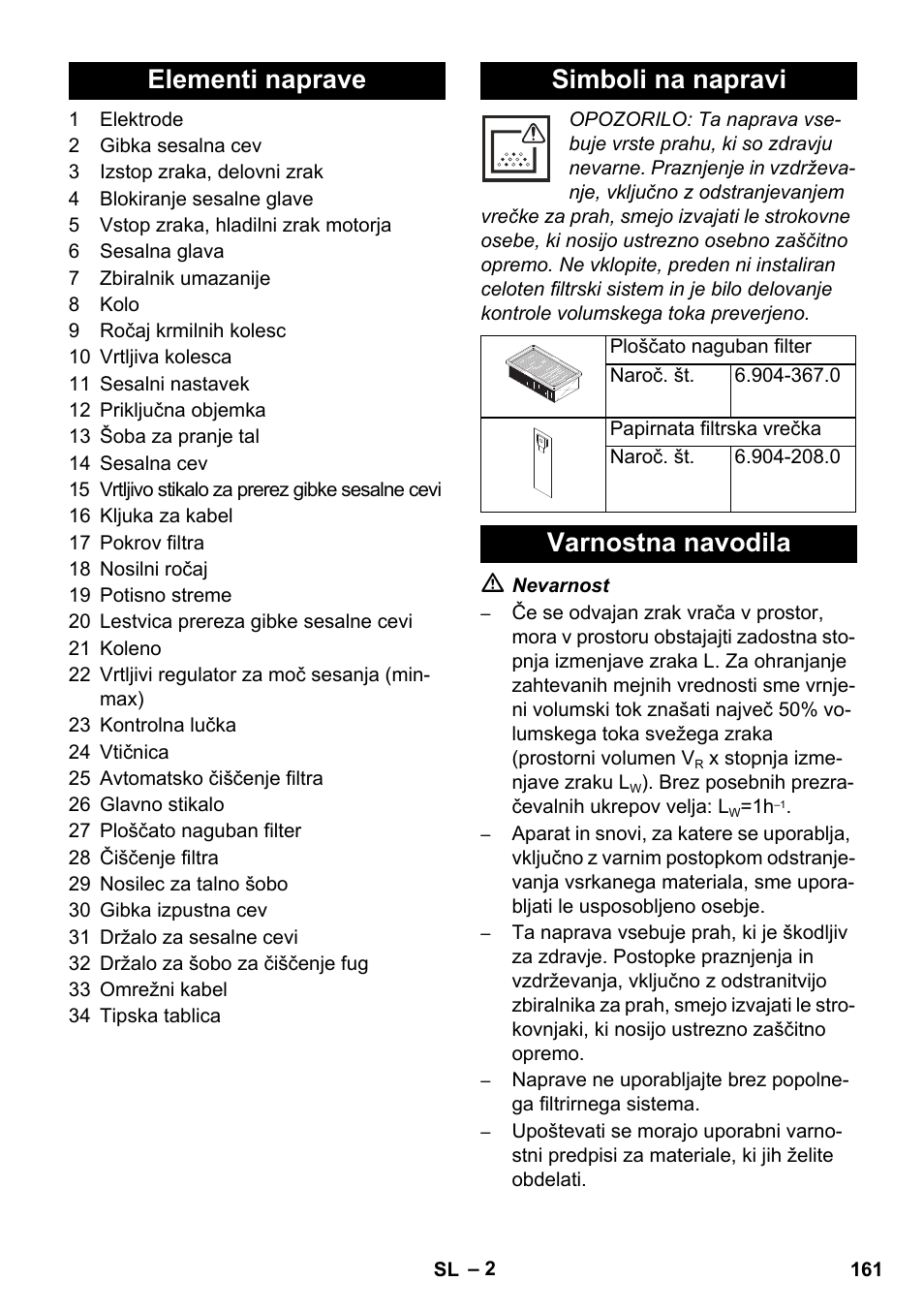 Elementi naprave simboli na napravi, Varnostna navodila | Karcher NT 55-1 Tact Te M User Manual | Page 161 / 272