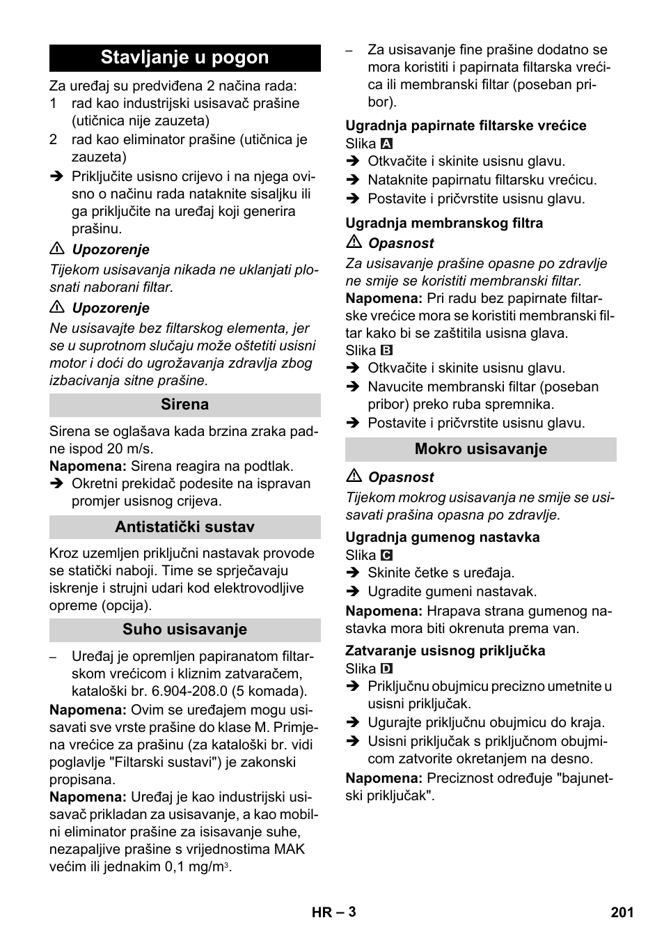 Stavljanje u pogon | Karcher NT 55-1 Tact Te M User Manual | Page 201 / 272