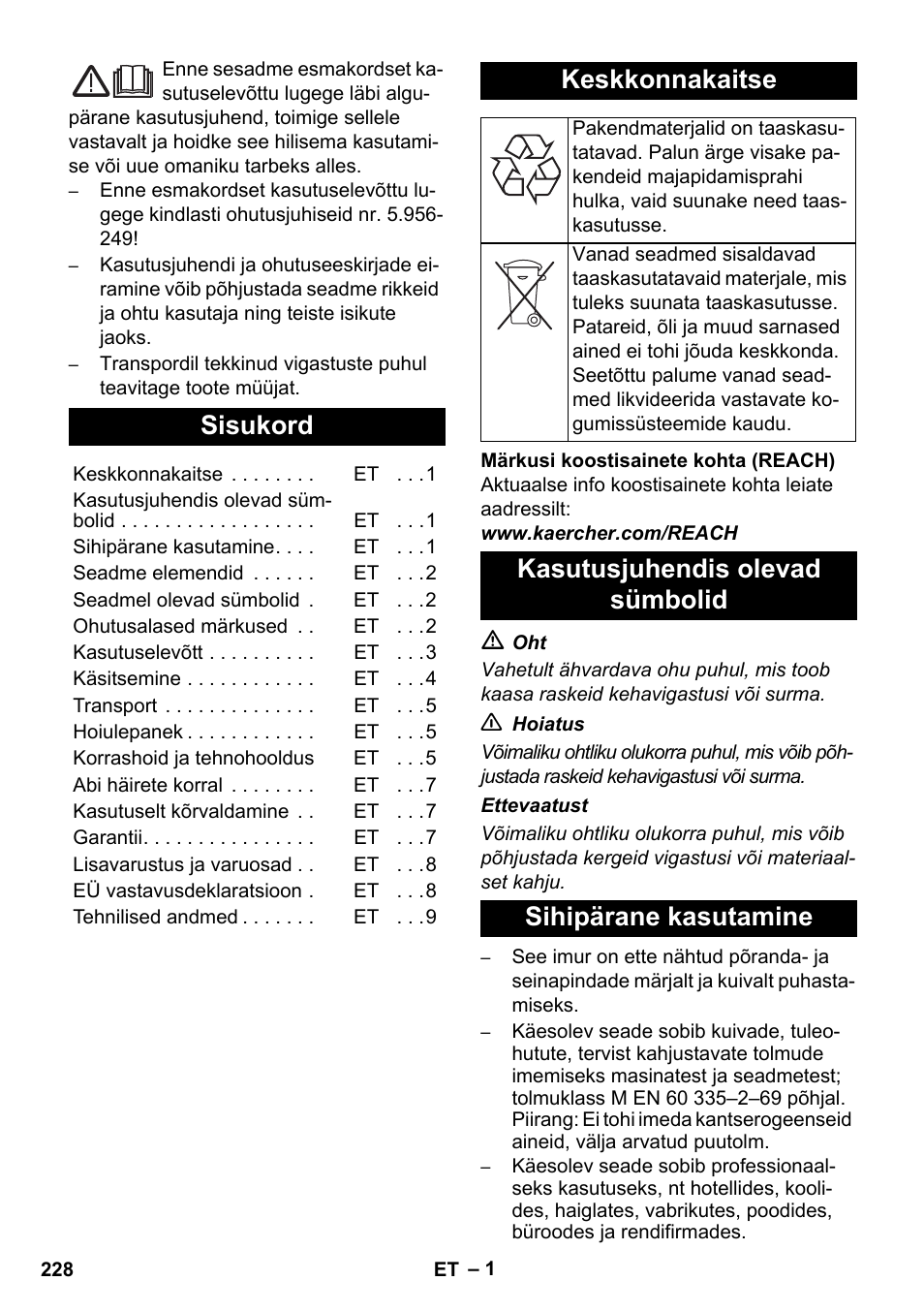 Eesti, Sisukord, Keskkonnakaitse | Karcher NT 55-1 Tact Te M User Manual | Page 228 / 272