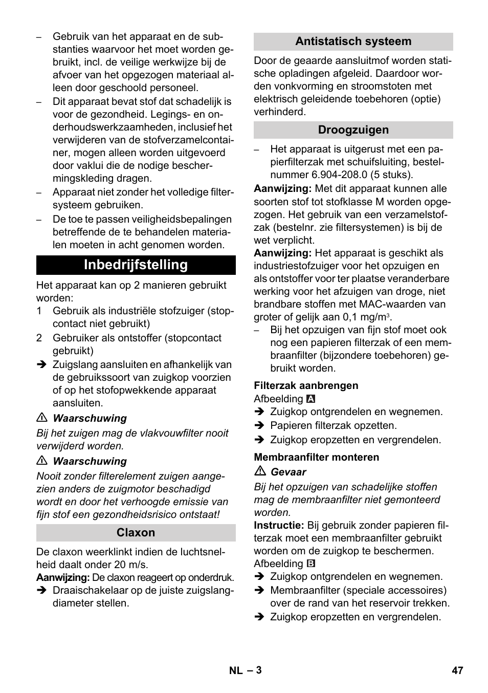 Inbedrijfstelling | Karcher NT 55-1 Tact Te M User Manual | Page 47 / 272