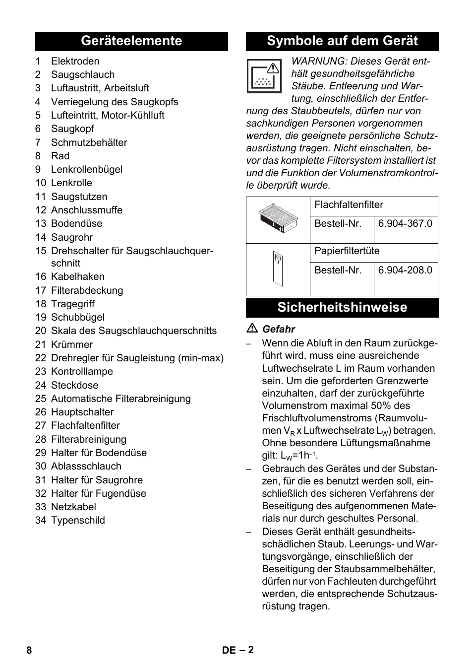 Geräteelemente symbole auf dem gerät, Sicherheitshinweise | Karcher NT 55-1 Tact Te M User Manual | Page 8 / 272