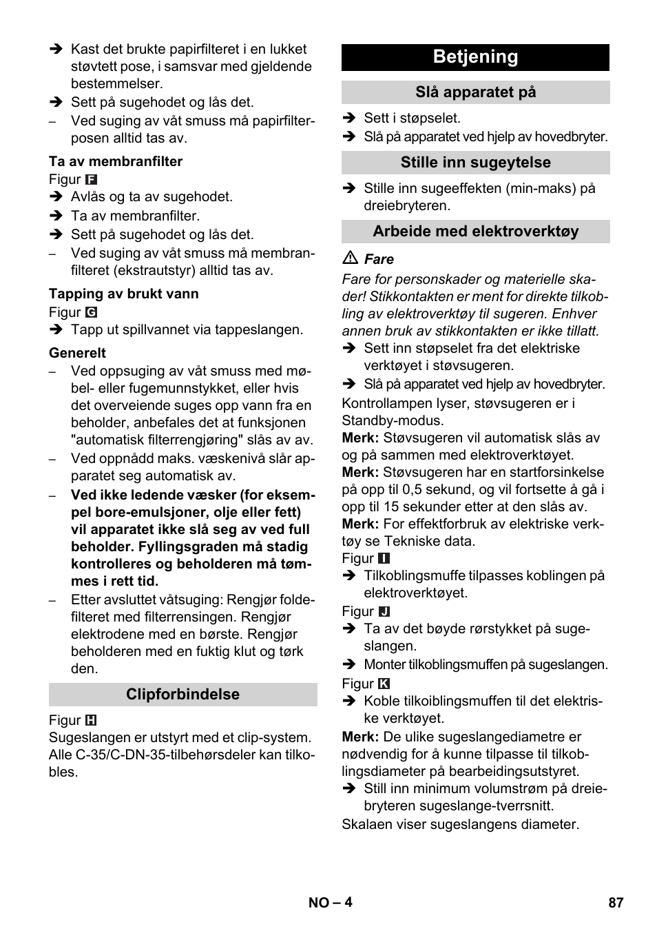 Betjening | Karcher NT 55-1 Tact Te M User Manual | Page 87 / 272