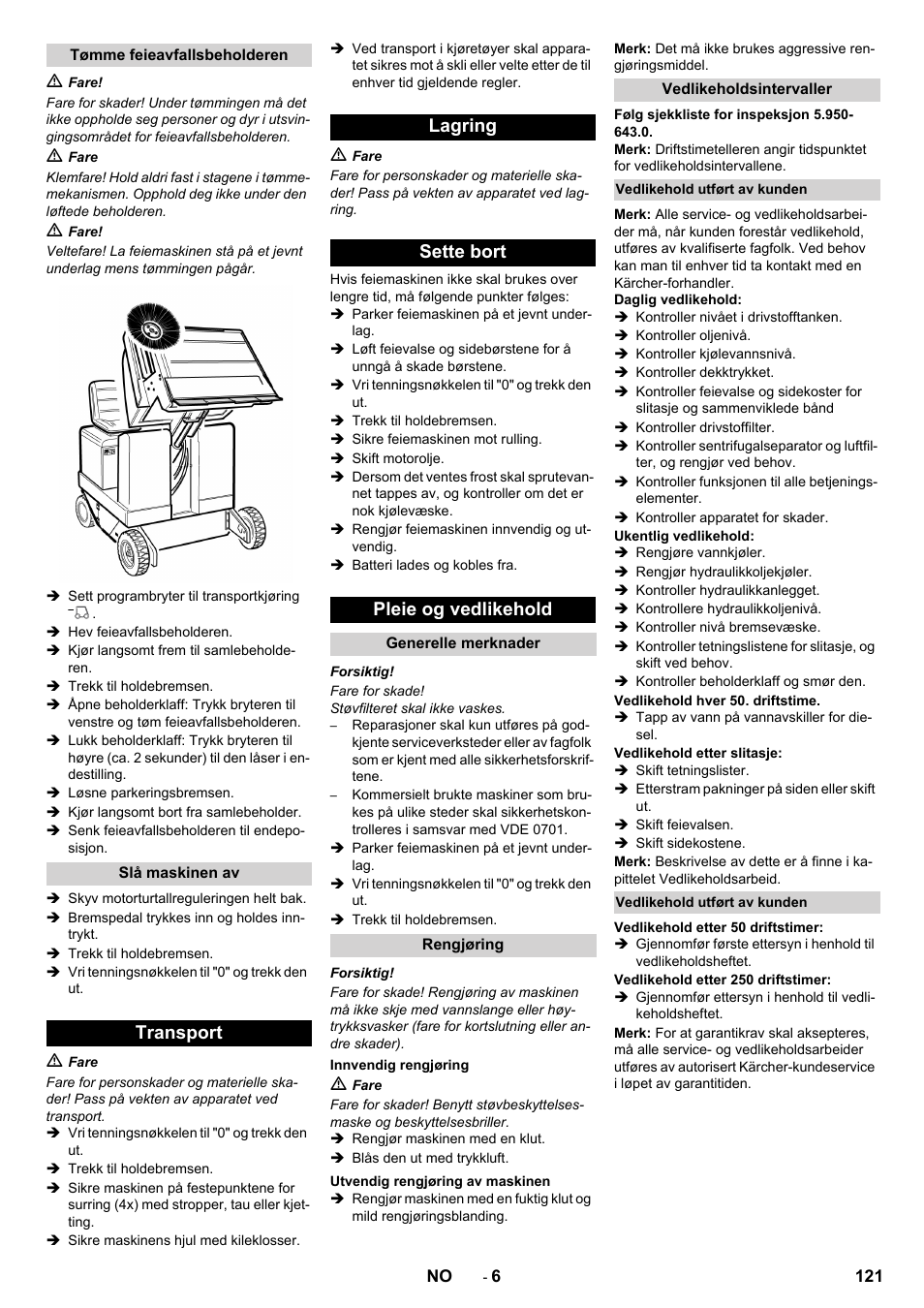 Transport lagring sette bort pleie og vedlikehold | Karcher KM 150-500 D 4-r�drig User Manual | Page 121 / 420