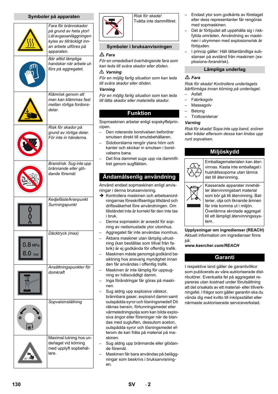 Funktion ändamålsenlig användning, Miljöskydd, Garanti | Karcher KM 150-500 D 4-r�drig User Manual | Page 130 / 420