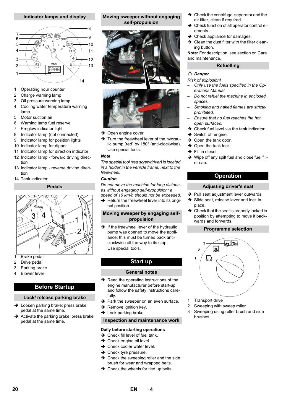 Before startup, Start up, Operation | Karcher KM 150-500 D 4-r�drig User Manual | Page 20 / 420