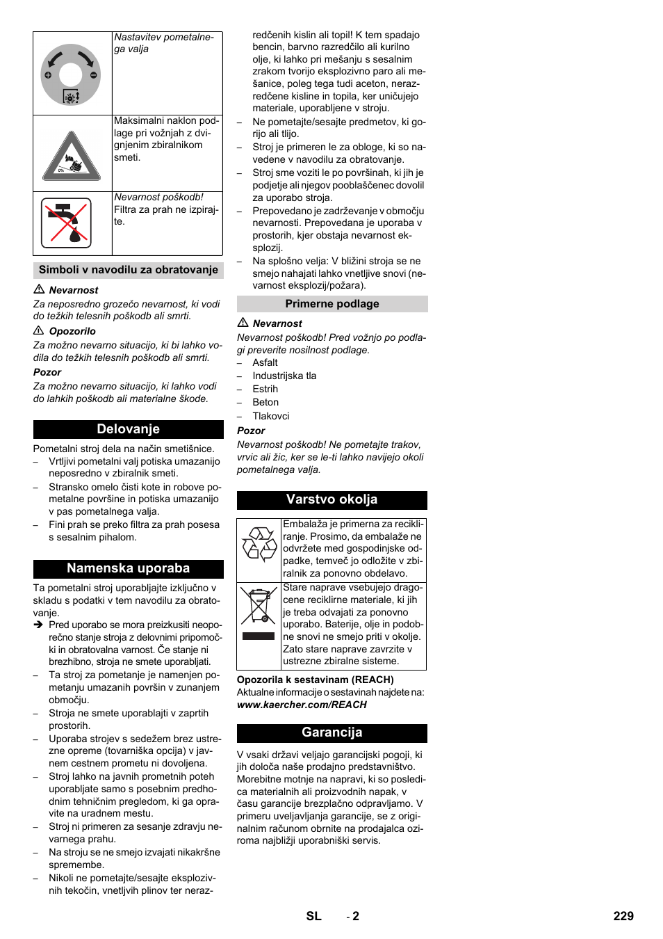 Delovanje namenska uporaba, Varstvo okolja, Garancija | Karcher KM 150-500 D 4-r�drig User Manual | Page 229 / 420