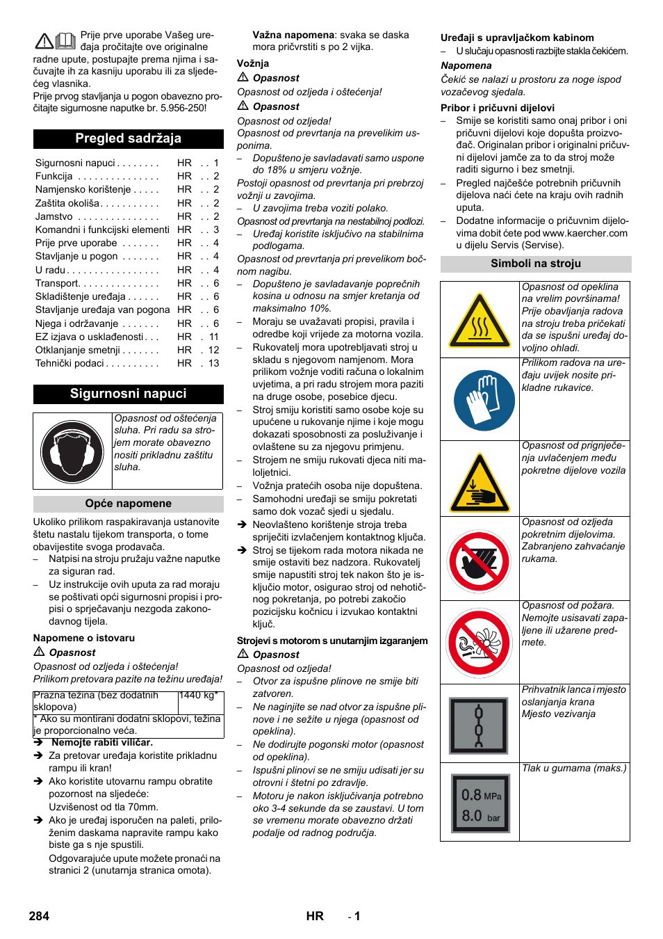 Hrvatski, Pregled sadržaja, Sigurnosni napuci | Karcher KM 150-500 D 4-r�drig User Manual | Page 284 / 420