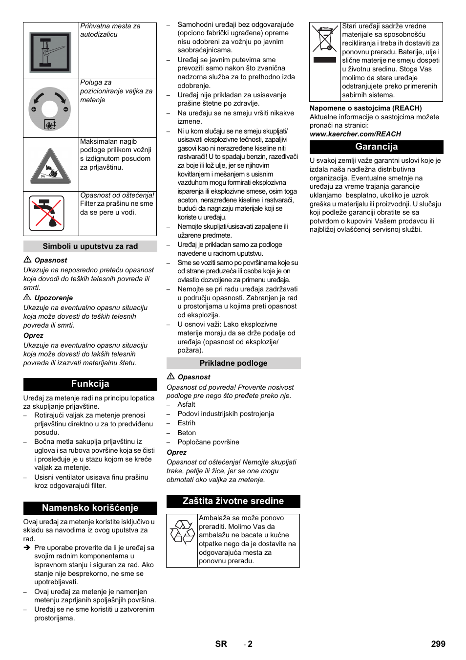 Funkcija namensko korišćenje, Zaštita životne sredine, Garancija | Karcher KM 150-500 D 4-r�drig User Manual | Page 299 / 420