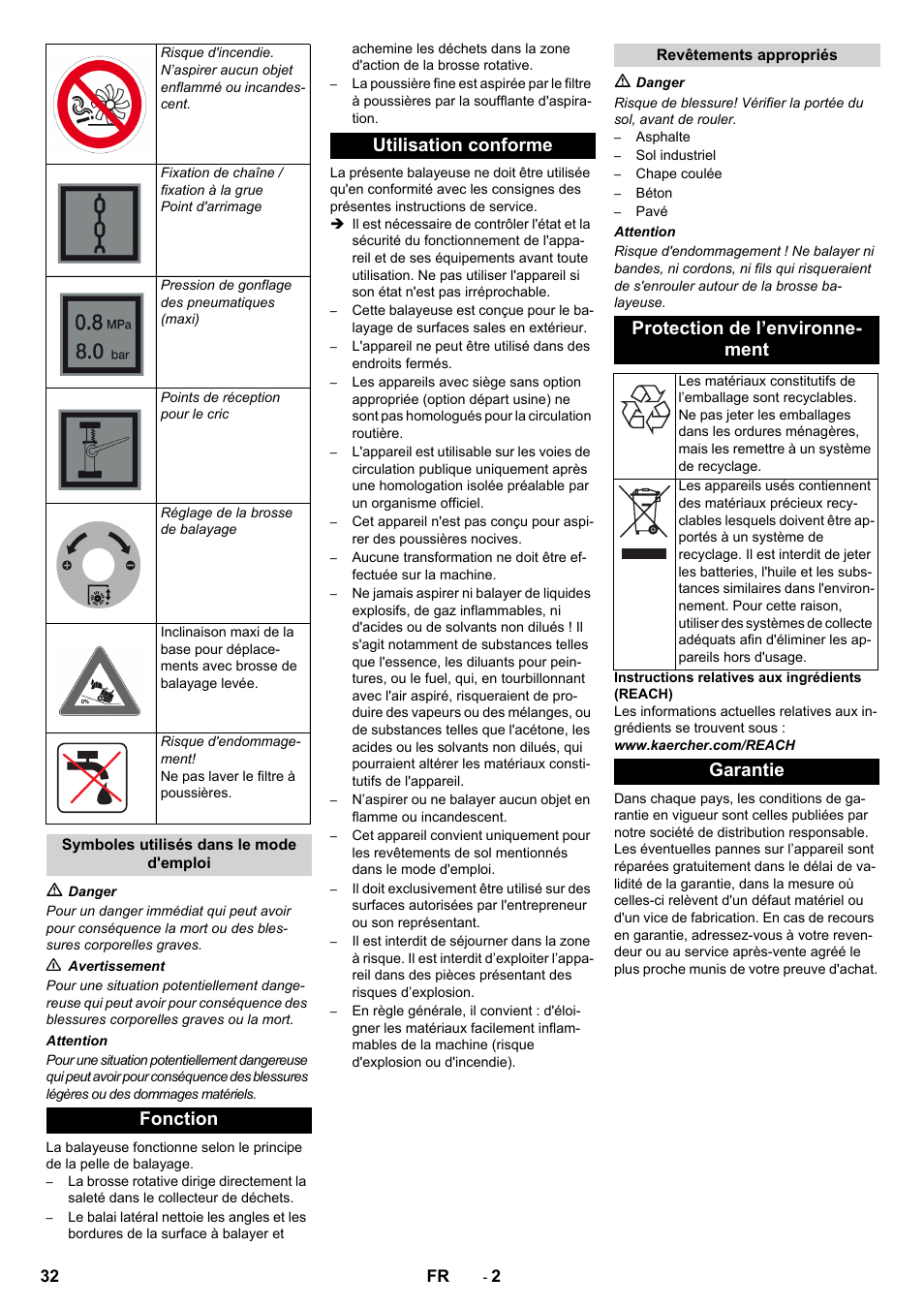 Fonction utilisation conforme, Protection de l’environne- ment, Garantie | Karcher KM 150-500 D 4-r�drig User Manual | Page 32 / 420